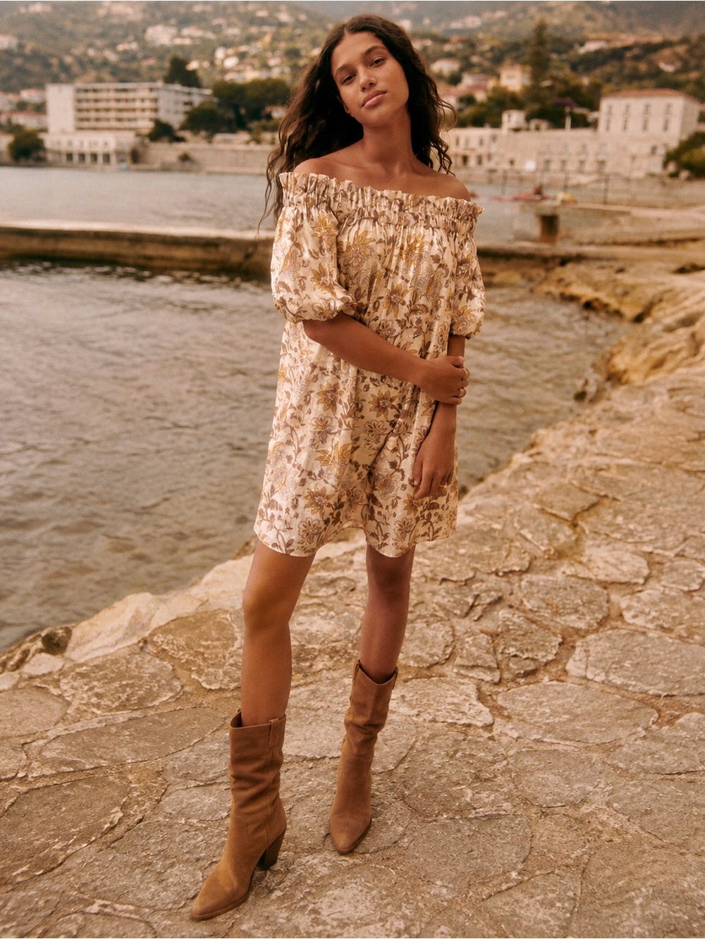 New! Sezane Rosita Miranda Cream Silk Boho Floral Off-Shoulder Mini Dress🤍 XS